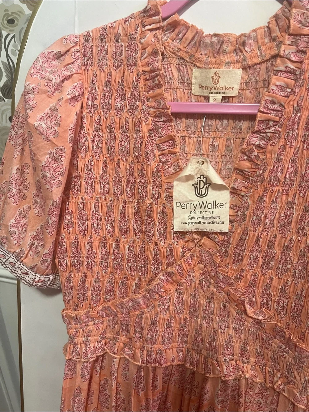 Perry walker Peach Floral Smocked Maxi Dress with Ruffle V-Neck - - Picture 2 of 6